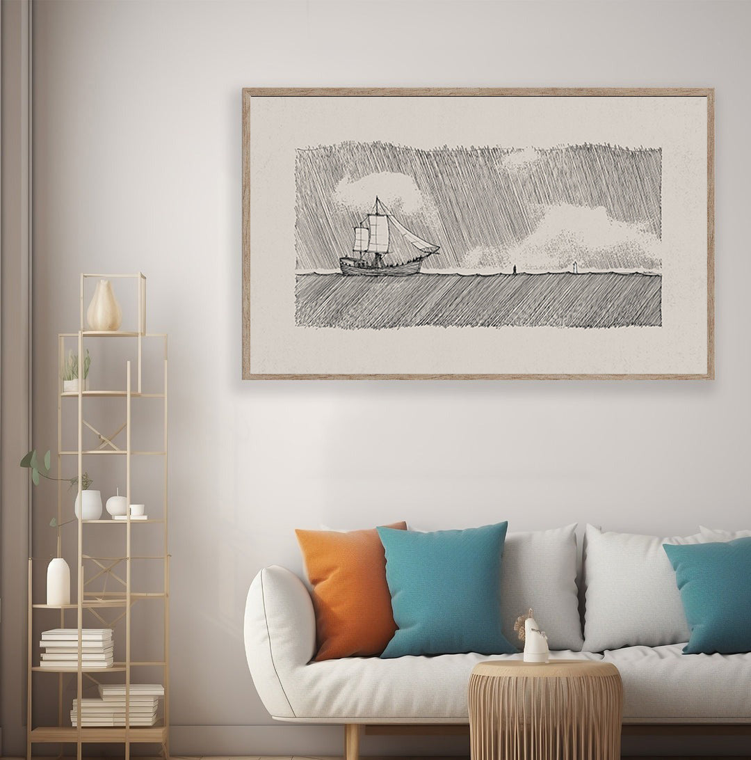 Walk on Water Poster, Minimalist Nautical Wall Art, Jesus Miracle Sea Sketch, Faith-Inspired Christian Print, Modern Coastal Home Decor